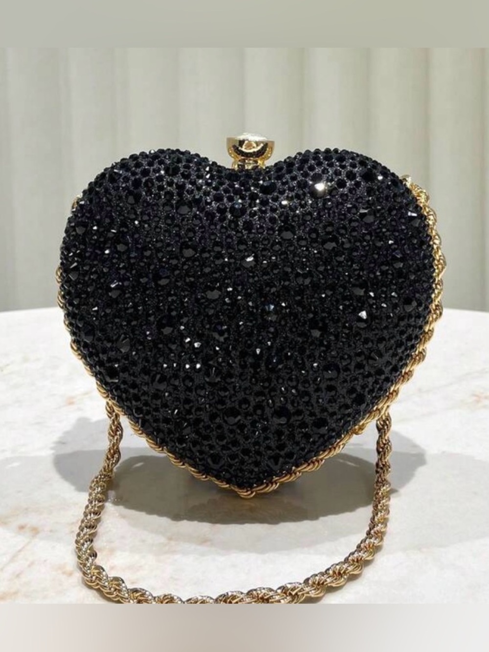 Black Heart Crystal Evening Clutch with Gold Chain